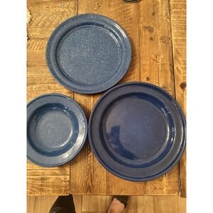 3 Blue Speckled Enamel Dinner Plates Vintage Camping Metal